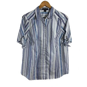 Roamans Blue and White Striped Shirt Plus Size 16W Short Sleeves Button Up Top